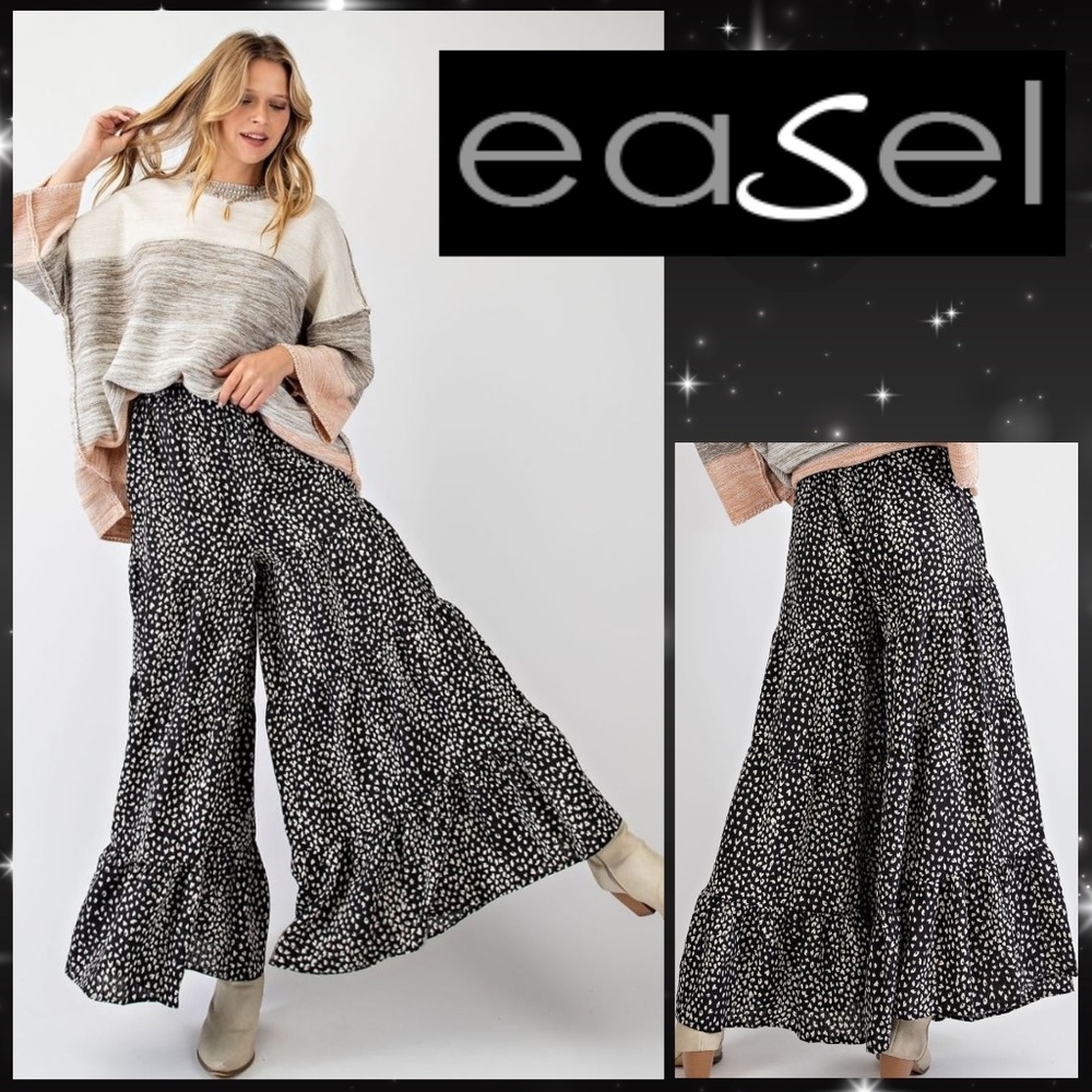 EASEL Lightweight Gauze Extra Wide Tiered Ruffled Leg Pants W/Elasticized Waist